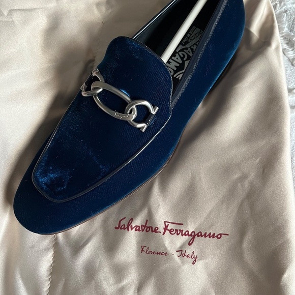 Salvatore Ferragamo Blue Velvet Silver Detailing Loafers main image 4